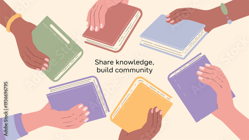 Diverse hands sharing books in a circle promoting knowledge and community building
