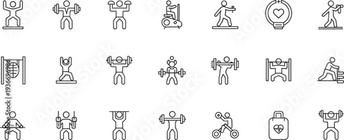 Fitness and gym workout outline icon set, weightlifting, cardio exercise, strength training, healthy lifestyle, vector illustration