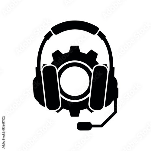 Headphones with microphone and gear icon in black and white, flat design for call center or technical support