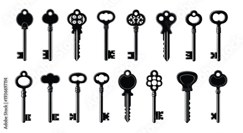 Vintage keys collection in various designs and shapes