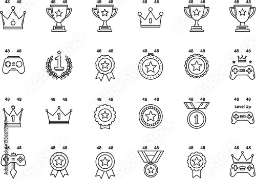 Gaming achievement and award line icons set, trophy, crown, medal, badge and level up symbols, vector illustration
