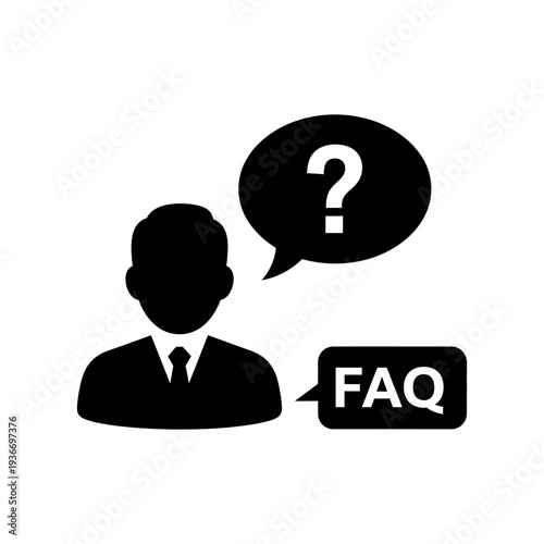 Person icon with question mark in speech bubble and faq text box, customer support, information, help