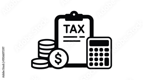 Tax icon with clipboard, calculator and coins for financial planning