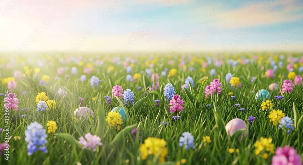 Obraz premium Vibrant meadow filled with colorful wildflowers and scattered Easter eggs, bathed in warm sunlight, creating a serene and picturesque springtime landscape
