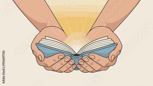 Hands holding an open book with radiant light symbolizing knowledge and guidance