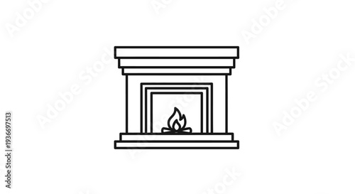 Cozy Fireplace with Burning Fire, Home Heating Element Outline Icon on Isolated White Background