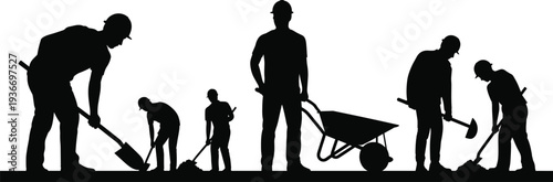 Construction laborers digging ground silhouette set, workers with shovels and wheelbarrow, industrial excavation team vector illustration isolated on white background