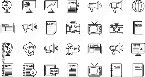Global News Media Line Icons Set, Journalism And Broadcasting Communication Symbols Collection, vector illustration