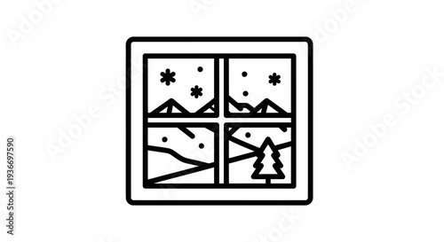 Four Pane Window with Winter Landscape and Snowflakes, Outline Icon on Isolated White Background