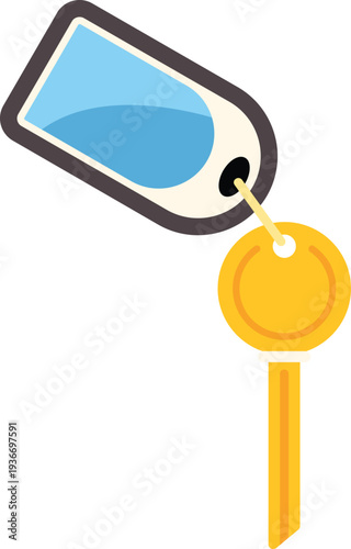 Gold key on a fob with a blank blue tag for identification or access