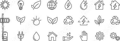 Green Energy and Sustainability Line Icons Set, Solar Leaf Recycle Power Home Outline Collection, vector illustration