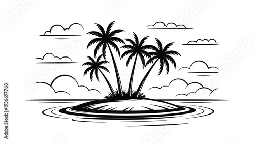 Island vector illustration with palm trees and cloudy sky