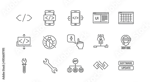 Software development coding interface outline icon set vector