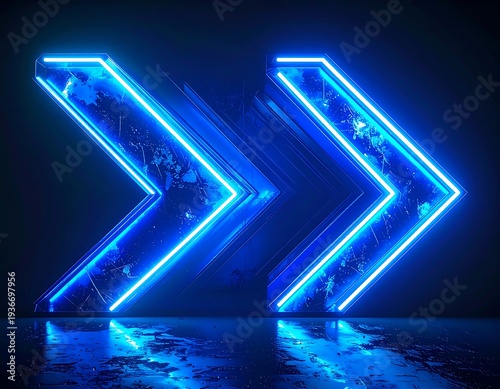 A dark room with two bright blue neon arrows pointing right