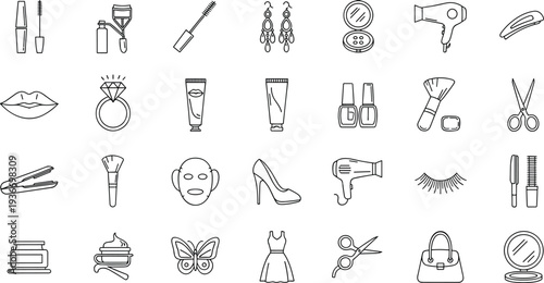 Beauty and cosmetics line icon set with lipstick, makeup brush, nail polish, hair dryer, earrings, ring, and fashion accessories vector illustration