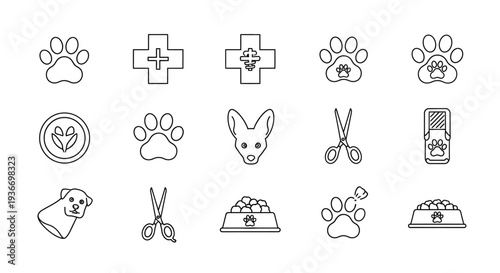 Pet care veterinary animal outline icon set vector