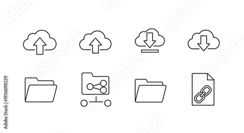 Cloud storage upload download outline icon set vector