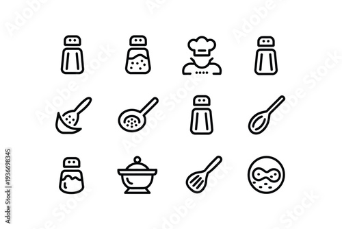 Salt shaker icon set with various kitchen utensils and chef illustration