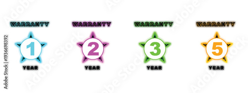 A set of warranty badges with neon glow effects and star icons isolated on transparent background