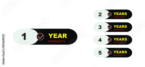 A set of modern warranty badges featuring one to five years with yellow text on black capsules