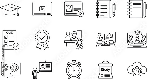 Online education and learning outline icon set vector