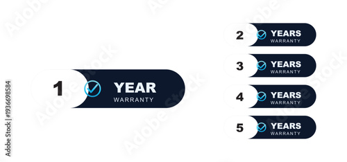 Modern warranty badge icons showing one to five years with blue checkmark symbols on white