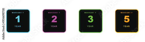 A set of warranty year badges featuring glowing neon borders on dark square backgrounds