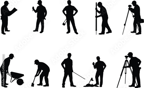 Construction workers and land surveyor silhouette collection, builder with tools, wheelbarrow and tripod equipment, industrial workforce vector isolated on white background