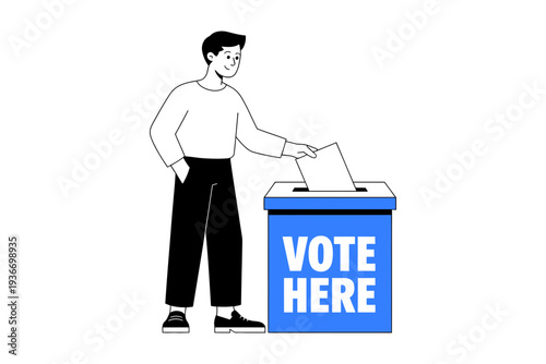 A man casting his vote into a ballot box with a sign that says vote here