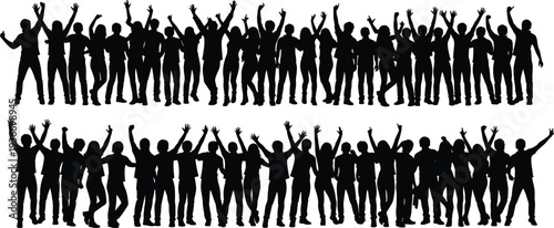 Large cheering crowd silhouettes with raised hands, celebration audience set, vector illustration