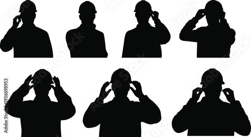 Construction worker wearing safety helmet and ear protection silhouette collection, industrial labor occupational safety concept vector illustration isolated on white background