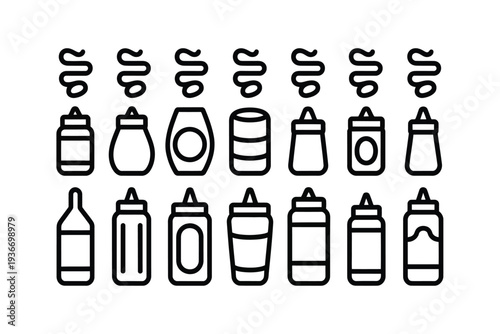 Bottle icon set with various condiment bottles and steam illustrations