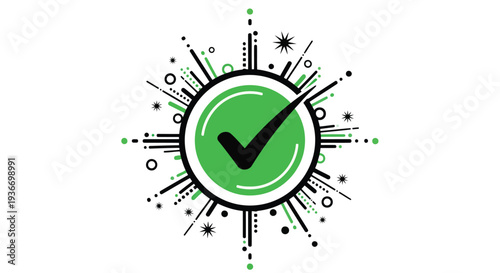 Green checkmark symbol with dynamic black and green explosive design elements