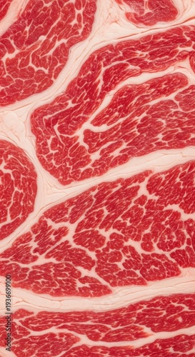 Rich crimson raw meat texture background, showing detailed marbling and muscle fiber striations throughout the unprocessed surface, steak, gourmet, muscle