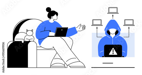 Cybersecurity, remote work, digital threats, identity protection, hacking, online security. Woman on a sofa using a tablet, facing a hooded figure on a laptop. Cybersecurity and digital threats