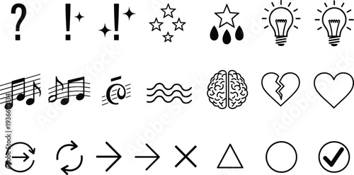 Black simple symbol icon set vector illustration punctuation music idea brain arrows shapes and abstract signs collection