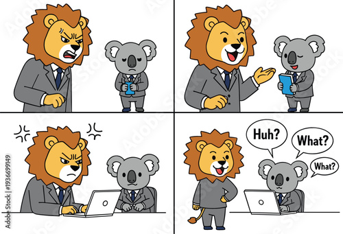 Lion boss and koala employee office communication misunderstanding vector illustration workplace conversation problem between manager and worker cartoon business characters