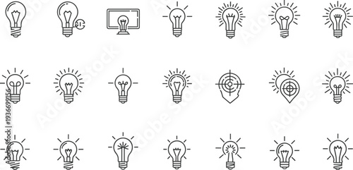Light bulb idea and innovation line icons set, creative thinking, target and business strategy symbols, vector illustration