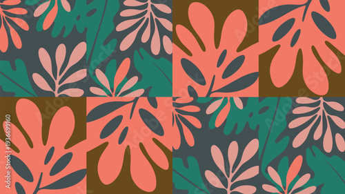 Flower illustration with colorful leaves and modern patchwork design
