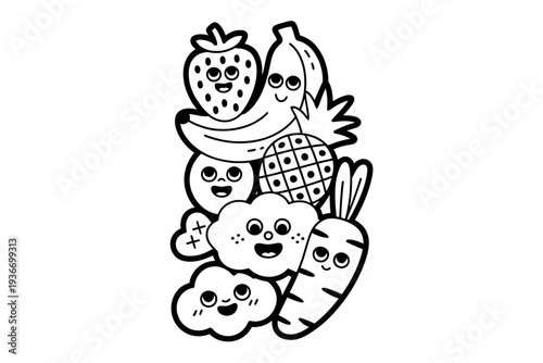 A cartoon vegetable and fruit illustration with smiling faces and cute expressions