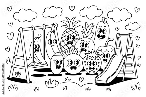 A cartoon fruit playground illustration with happy characters playing together outdoors