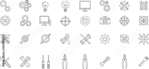 Mechanical gear and repair tool line icon set, engineering equipment symbols collection, vector illustration