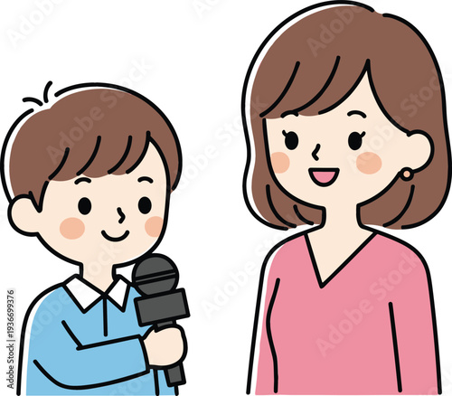 Child interviewing woman with microphone vector illustration kid reporter asking questions conversation communication journalism concept