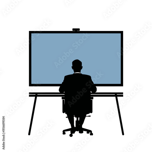 Businessman in video conference with multiple participants on large screen