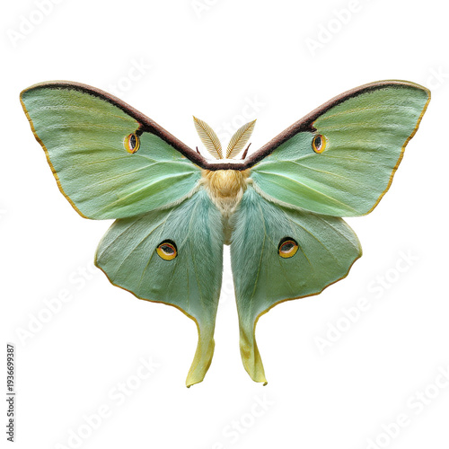 Vintage luna moth illustration, green moth wings with eyespots, detailed entomology insect art for design isolated on Transparent Background