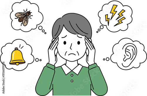 Person suffering from tinnitus with ear ringing symptoms vector illustration noise sensitivity buzzing insect bell and lightning sound concept