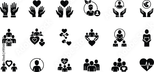 Community care icons, emotional wellbeing symbols, family support graphics, healthcare silhouettes, social connection illustrations, heart pulse pictograms, education and unity vector set