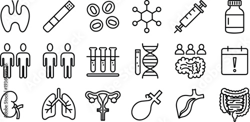 Medical Anatomy And Laboratory Line Icons Set, Human Organs, DNA Structure, Vaccine And Healthcare Symbols, vector illustration