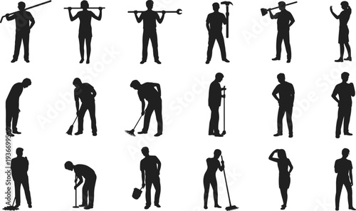 Construction workers silhouette set, manual laborers with tools, builder and cleaner poses collection, black vector icons isolated on white background