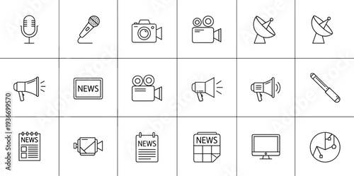 Media And Broadcasting Line Icons Set, News, Microphone, Camera And Communication Symbols Collection, vector illustration